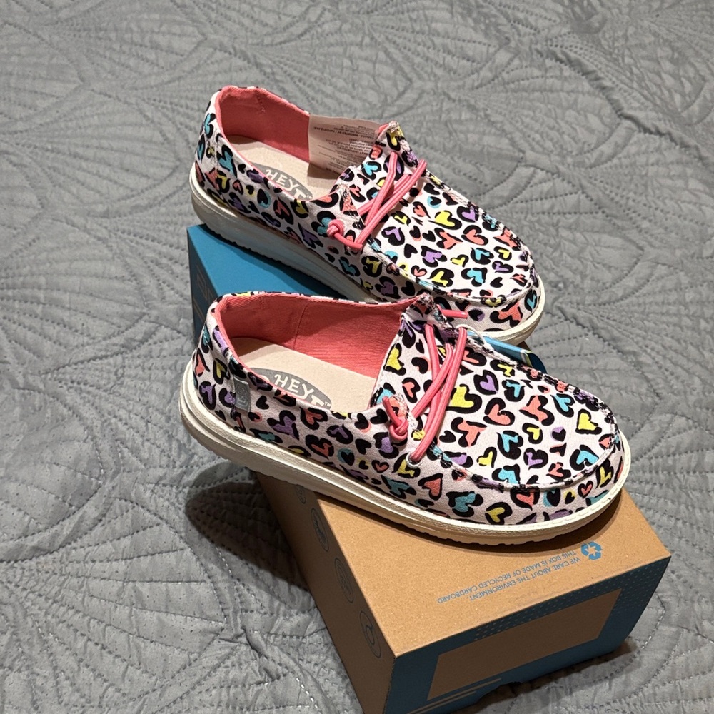 Hey Dude Kids Canvas Moccasins in Pink Multi Heart Print
